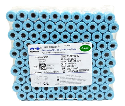 FASMED.CL Tubo Tapa Celeste 2,7ml ( Citrato De Sodio 3,2% ) 100 Tubos