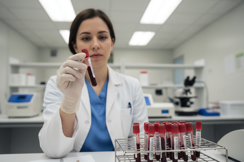 genara una imagen de un rack de tubo de 4 ml tapa roja entorno medico el tubo lo tiene una doctora en la mano fomato ugc y tiene el tubo lleno con un poco de muestra de sangre