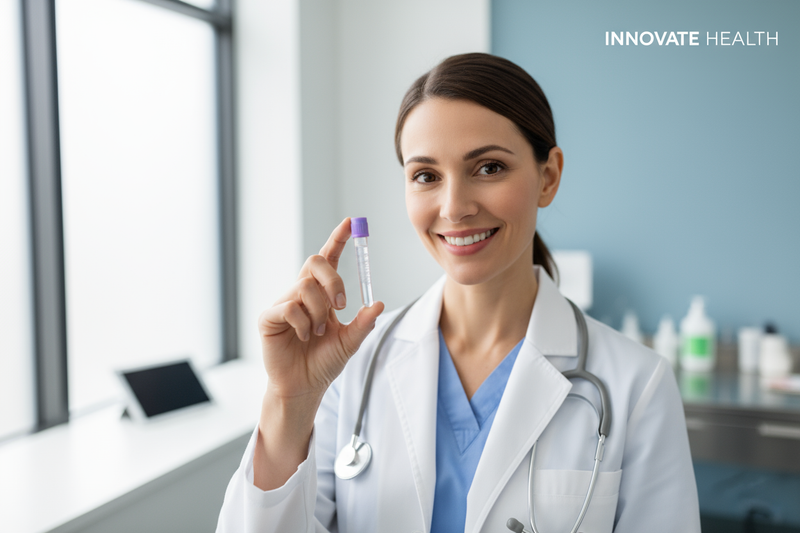 imagen de 1 tubo tapa lila  de 2 ml una doctora mostrandolo estilo anuncio ugc pro 