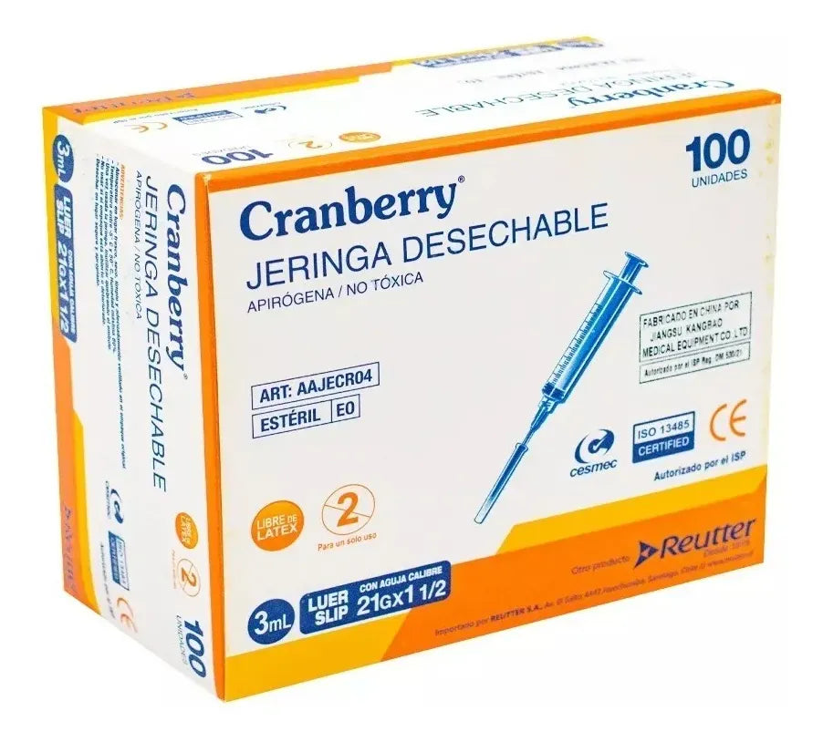 REUTTER jeringa luer slip 3ML Jeringa Desechable Luer Slip con Aguja 21G x 1½  – Caja 100 Unidades