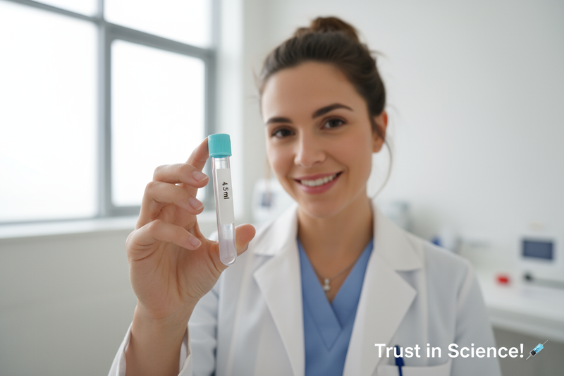 tubo celeste de 4,5 ml en un ambiente clinico una doctora mostrando el producto estilo ugc